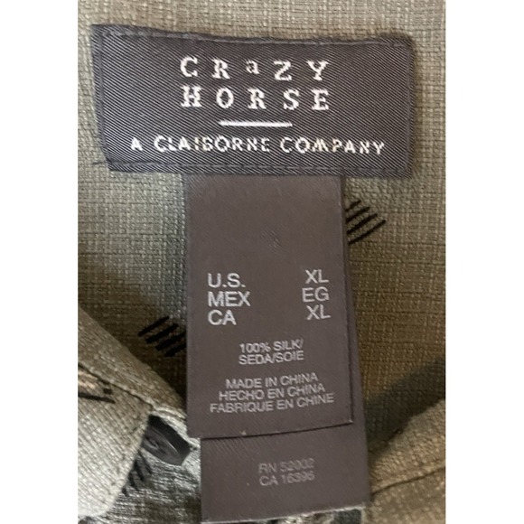Crazy Horse A Claiborne Company 100% Silk Button Up Short Sleeve Shirt XL Olive - Picture 12 of 14